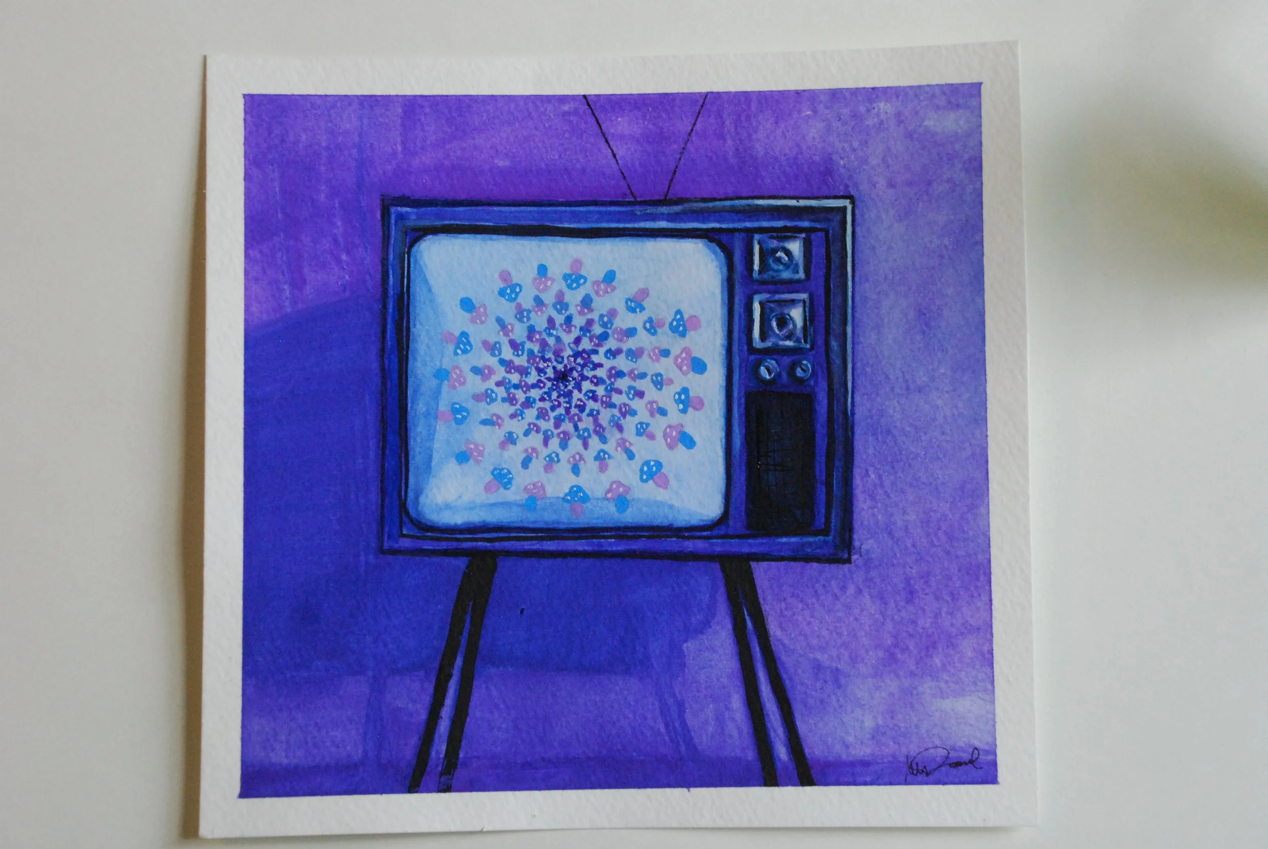 Painting of a vintage television set displaying colorful mushroom-like shapes on a purple background.
