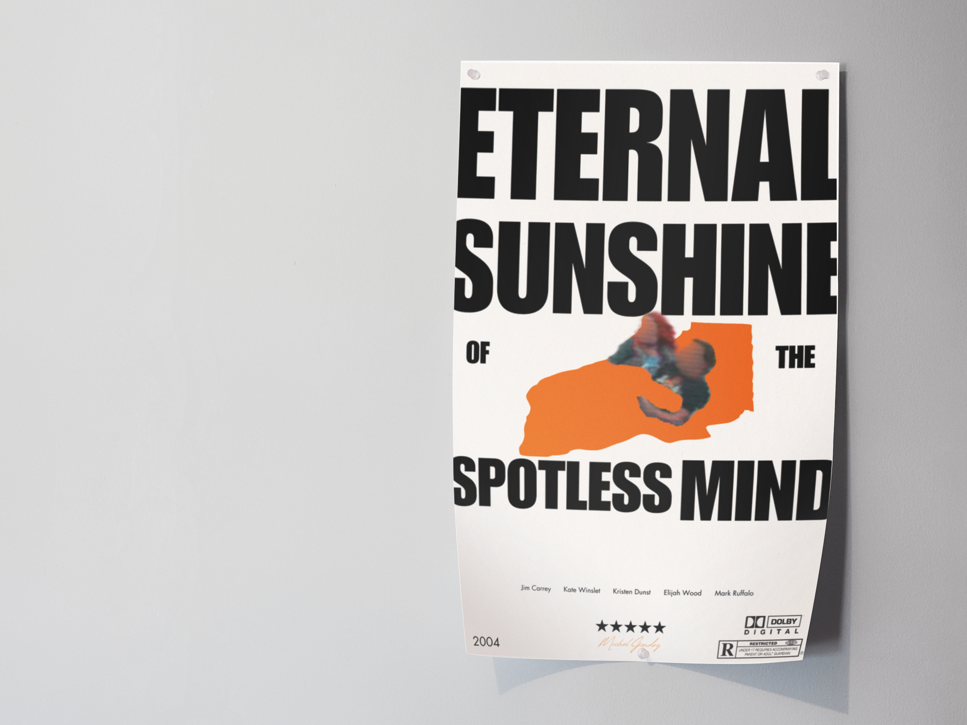 A movie poster titled 'Eternal Sunshine of the Spotless Mind' with the year 2004, featuring the names Jim Carrey, Kate Winslet, Kristen Dunst, Elijah Wood, and Mark Ruffalo, and a stylized orange shape with a blurred human figure on top.