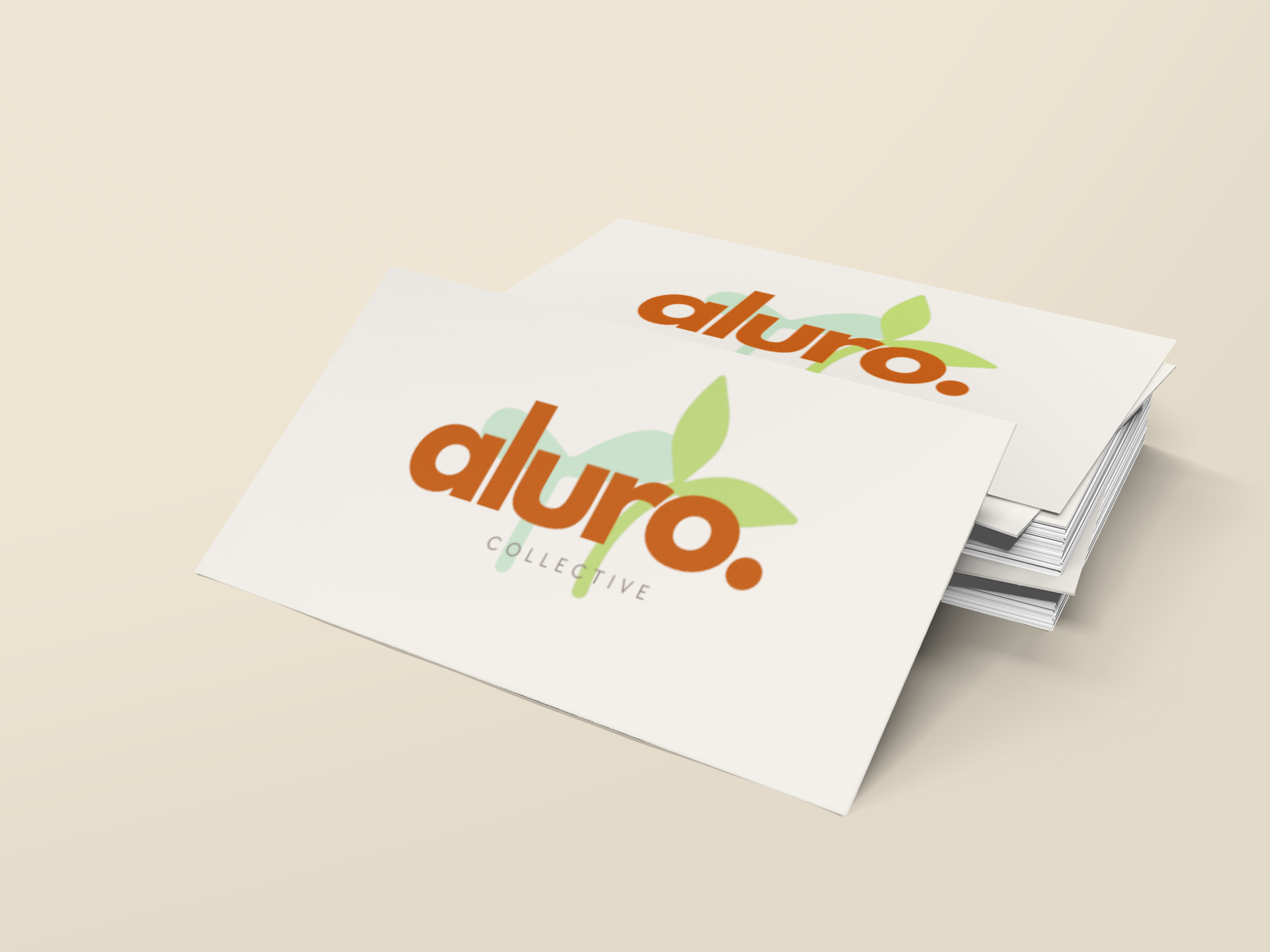 Business card with the logo 'aluro' in orange letters, green leaves, and the word 'COLLECTIVE' underneath.