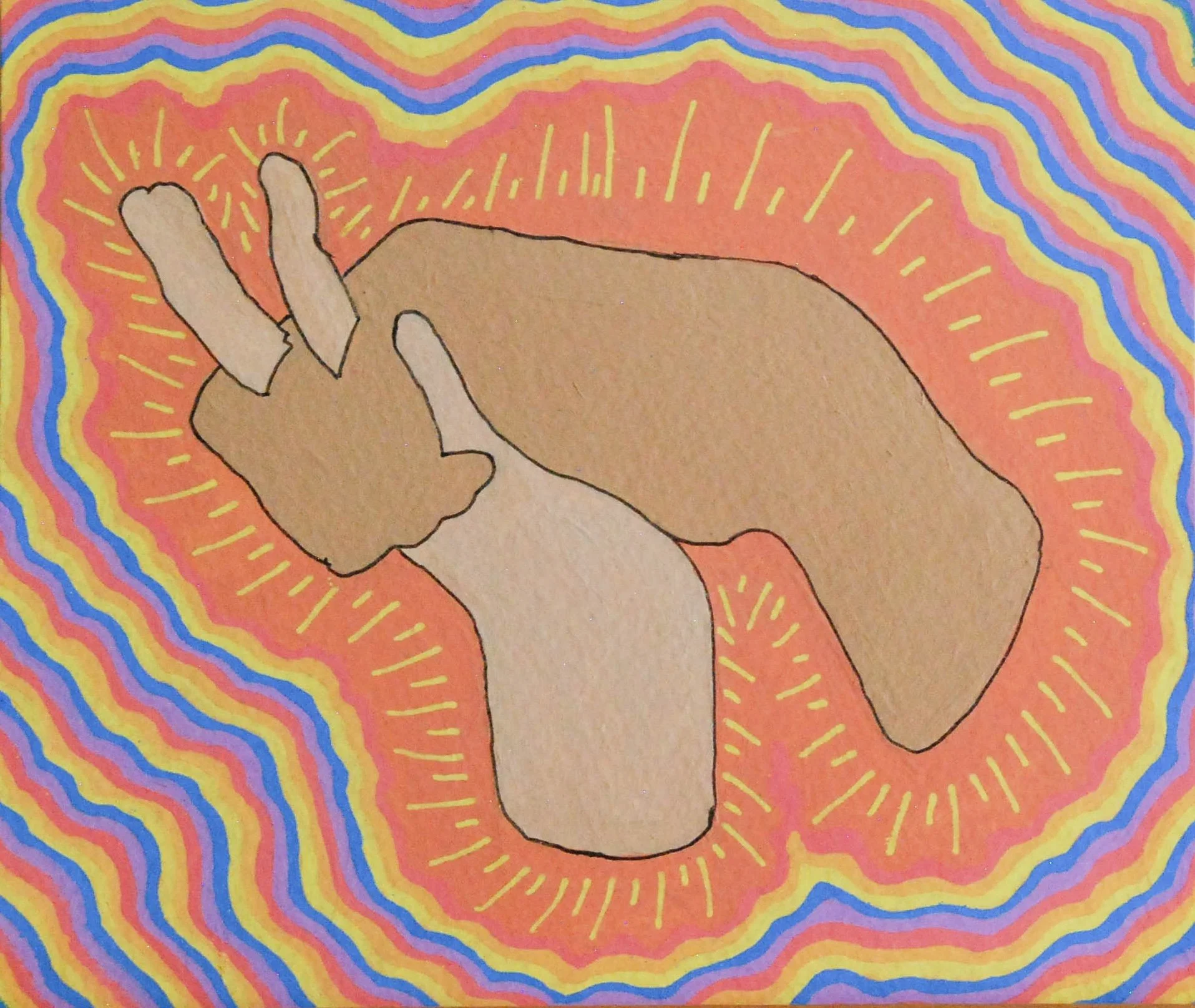 Drawing of a hand holding another, surrounded by colorful rainbow-like wavy patterns with radiating lines in yellow, red, blue, purple, and orange.