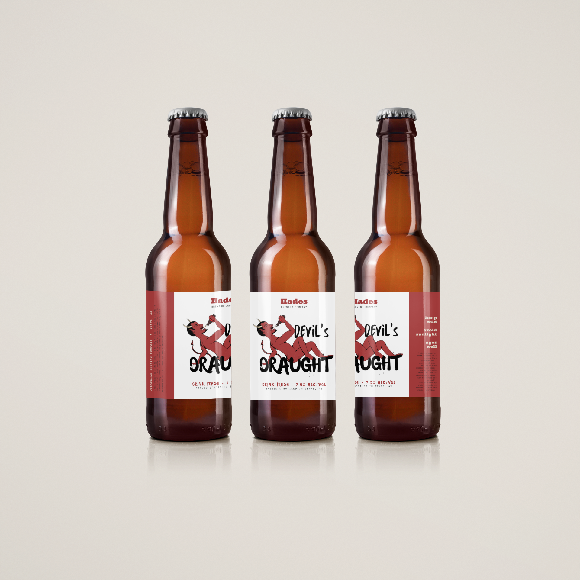 Three brown beer bottles with label designs featuring a cartoon devil and the words 'Devil's Draught'.