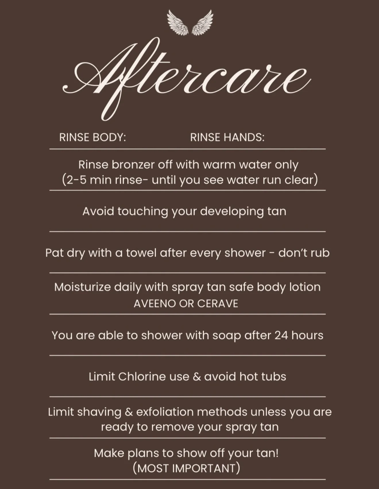 Post-tanning aftercare instructions for a spray tan on a brown background. It includes tips on rinsing off bronzer with warm water, avoiding touching the skin, patting dry, moisturizing daily with spray tan safe lotion, showering after 24 hours, limiting chlorine and hot tub exposure, and avoiding shaving and exfoliating until ready to remove the tan. The post emphasizes making plans to show off the tan.