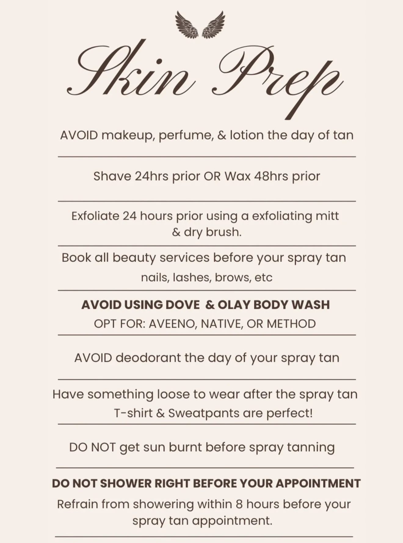 A beige sign with instructions for preparing skin before tanning, advising to avoid makeup, perfume, lotion, deodorant, and showering before appointment, with tips for shaving, exfoliating, and dressing afterward.