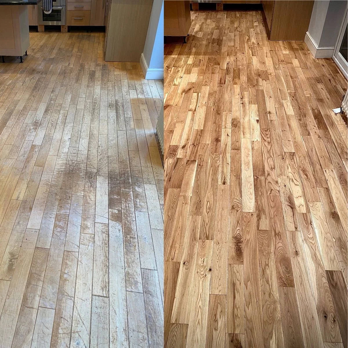 Comparison of a wooden floor before and after cleaning and refinishing, showing the floor on the left dirty and worn, and on the right clean and polished.