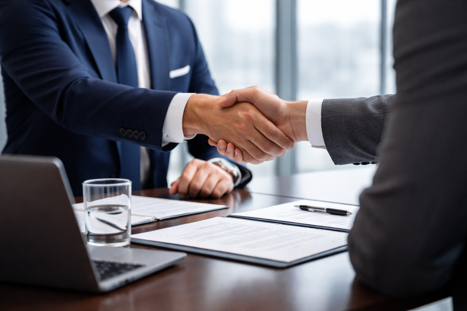 Two men in business suits shaking hands during a meeting, with documents, a laptop, and a glass of water on the table.