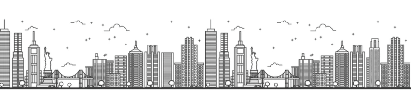 Line drawing of a city skyline with tall buildings, clouds, stars, and a bridge.