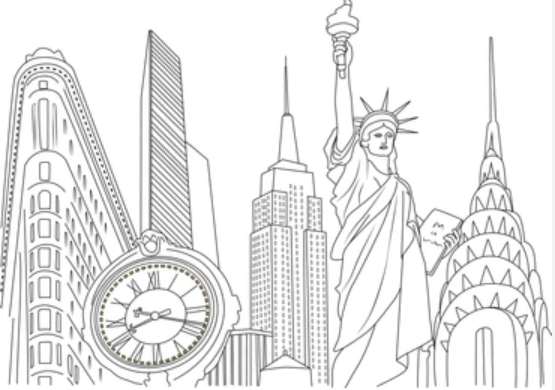 Line drawing of New York City skyline with the Statue of Liberty, Empire State Building, Chrysler Building, and other skyscrapers.