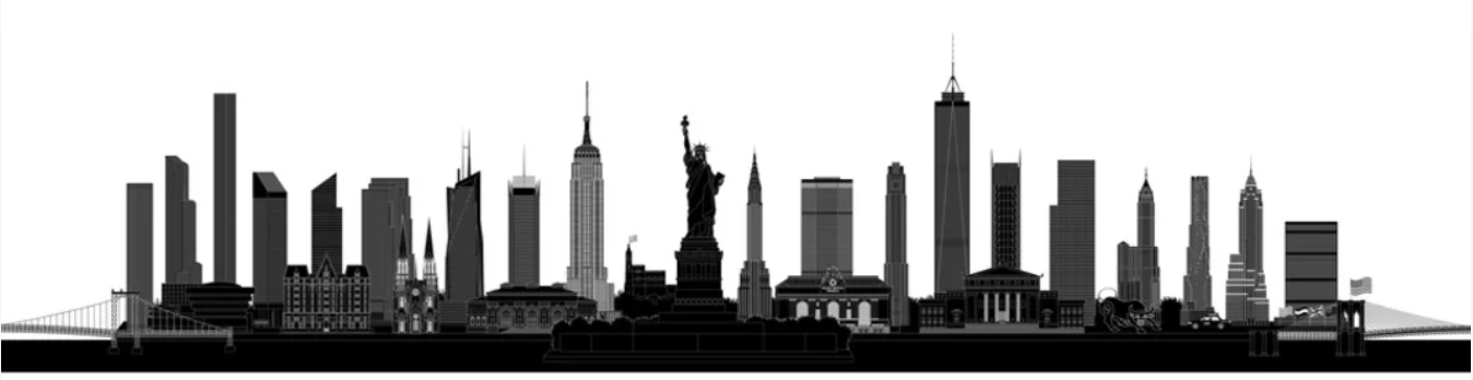 A black and white silhouette of New York City skyline including iconic buildings like the Empire State Building, One World Trade Center, and the Statue of Liberty, with bridges in the foreground.