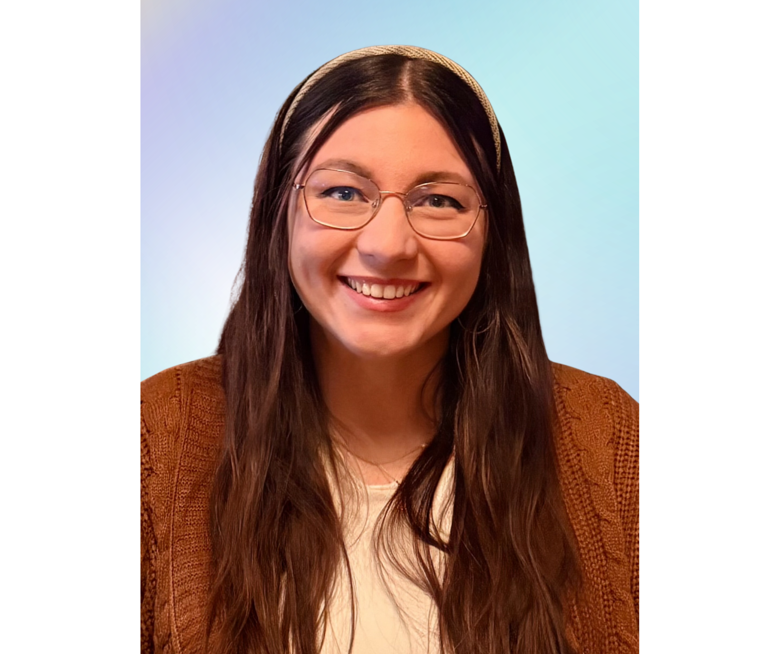 A woman with long brown hair, glasses, and a bright smile, wearing a brown sweater and a headband, against a colorful gradient background.