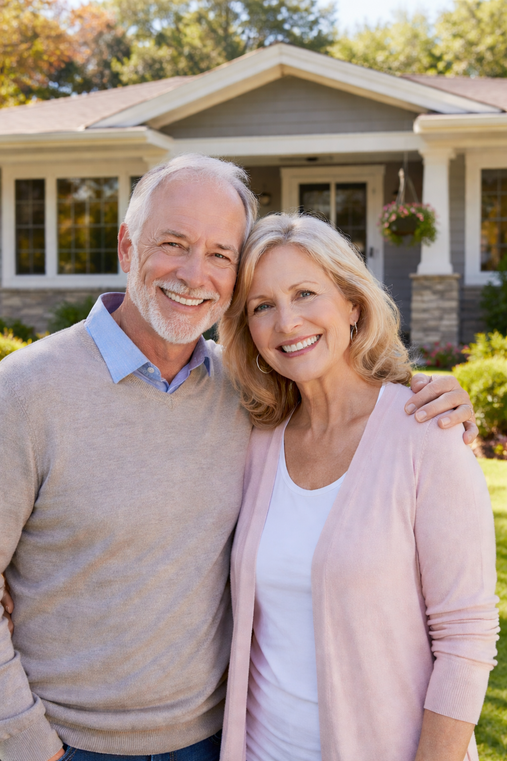 Happy couple in their 60s standing in front of their home, representing Portland-area homeowners considering downsizing