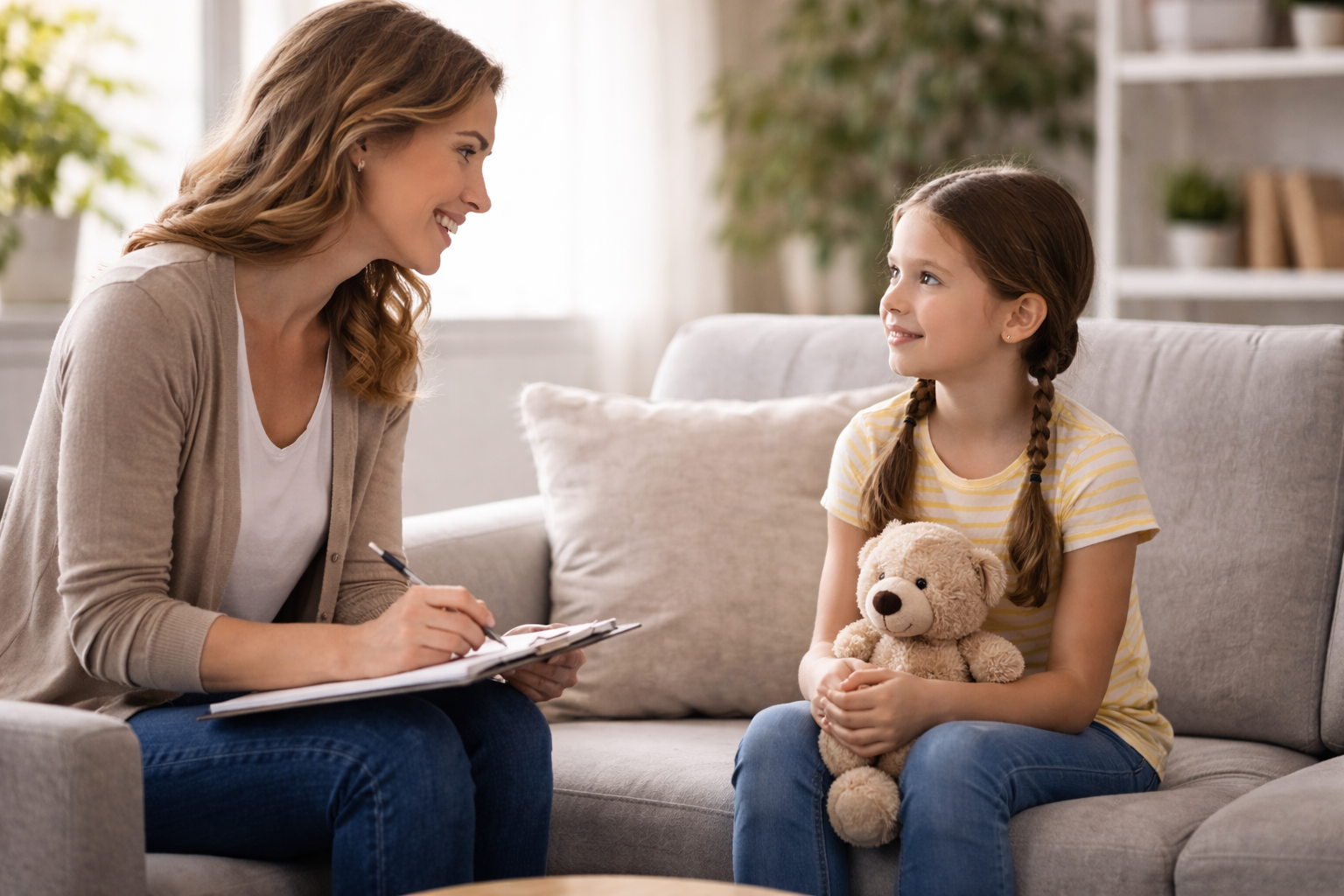 A woman talking with a young girl sitting on a couch, holding a teddy bear, in a cozy living room