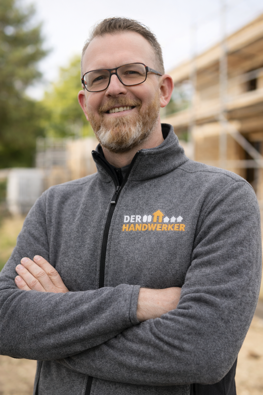 Ein Mann steht vor einer Baustelle, trägt eine graue Jacke mit dem Logo "Der Handwerker" und lächelt. Es ist leicht bewölkt, und im Hintergrund sind Bauarbeiten sichtbar.
