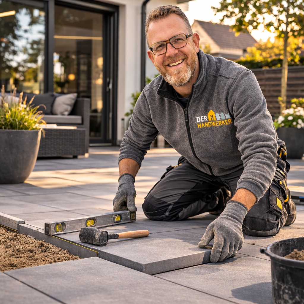 Ein Mann legt Pflastersteine auf eine Terrasse, trägt Arbeitshandschuhe und ein graues Sweatshirt mit der Aufschrift "DER HANDWERKER" und lächelt.
