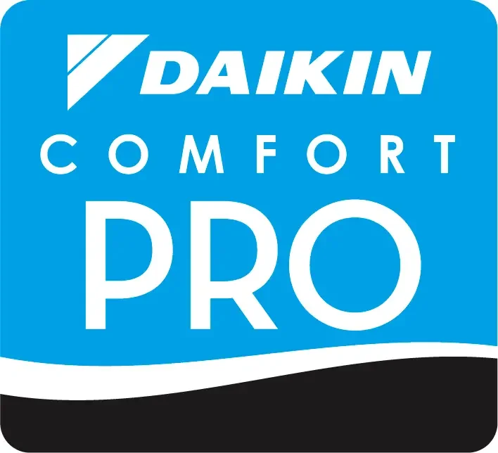 Logo of Daikin Comfort Pro, a brand of heating and cooling systems, with blue, white, and black colors.