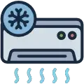 Air conditioner unit with a snowflake symbol, indicating cooling function, and three blue wavy lines representing cold air.