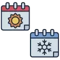 Icons of a calendar with a sun symbol and another calendar with a snowflake symbol, representing different seasons or weather.