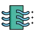 Abstract logo with a large teal rectangle and five blue wavy lines extending from the right side