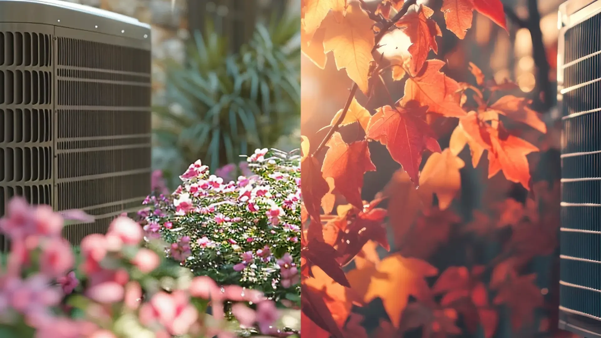 A split image showing an air conditioning unit on the left side with pink and white flowers in front, and an autumn scene with orange and red leaves on a bush on the right side.