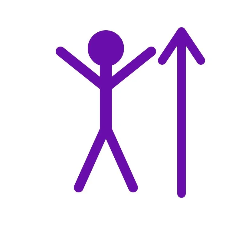 A purple stick figure with arms raised, standing next to an upward arrow.
