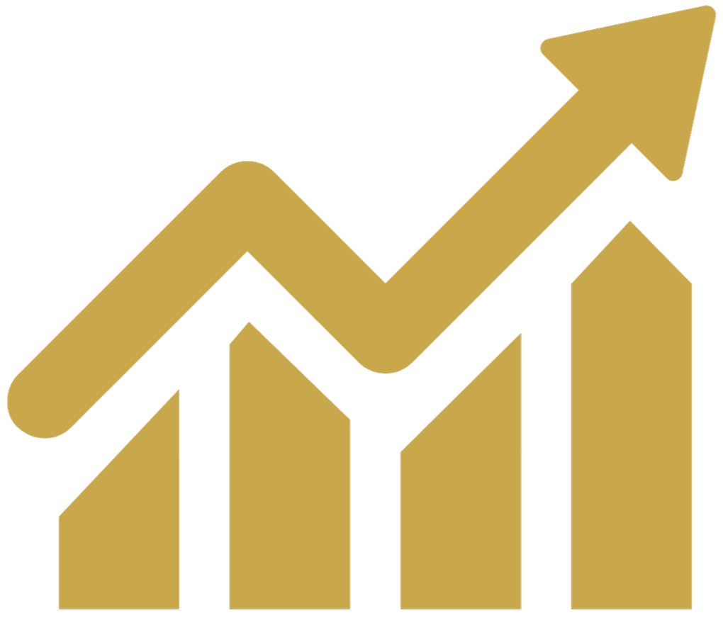 Gold and black upward trending arrow over bar chart indicating growth or increase
