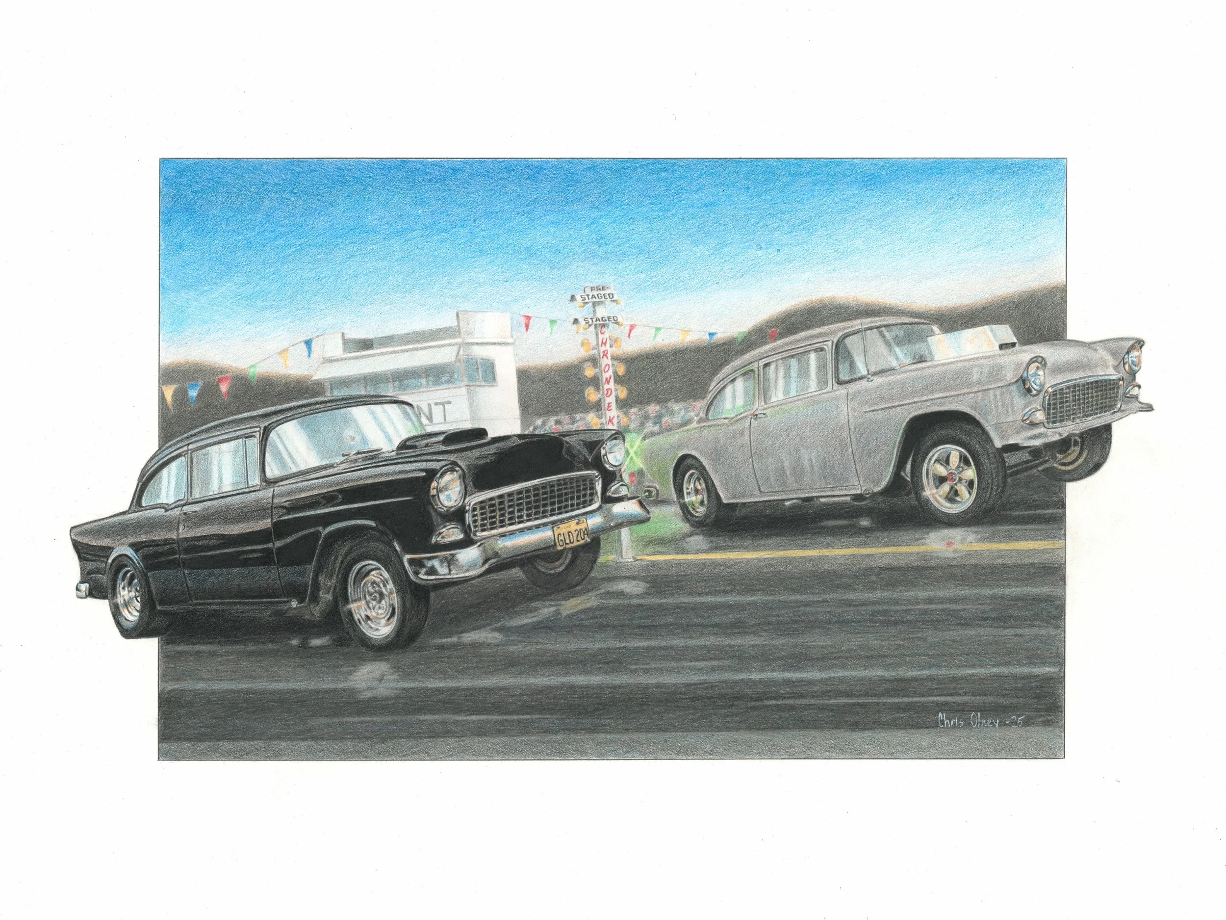 American Graffit vs 2 Lane Blacktop '55 Chevy's Drag Race Art Print