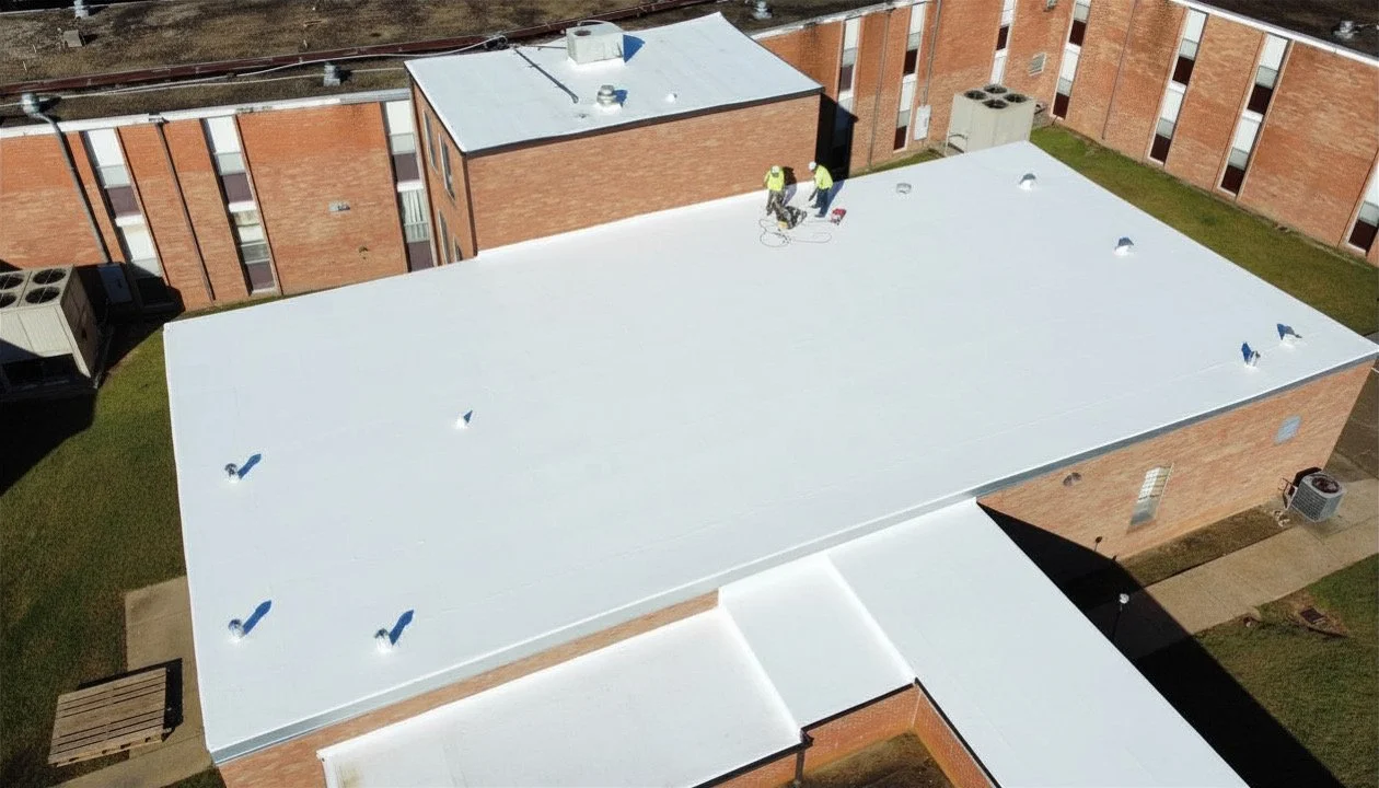 Two workers in safety vests applying a white reflective coating to the roof of a building, amidst surrounding brick walls and HVAC units.