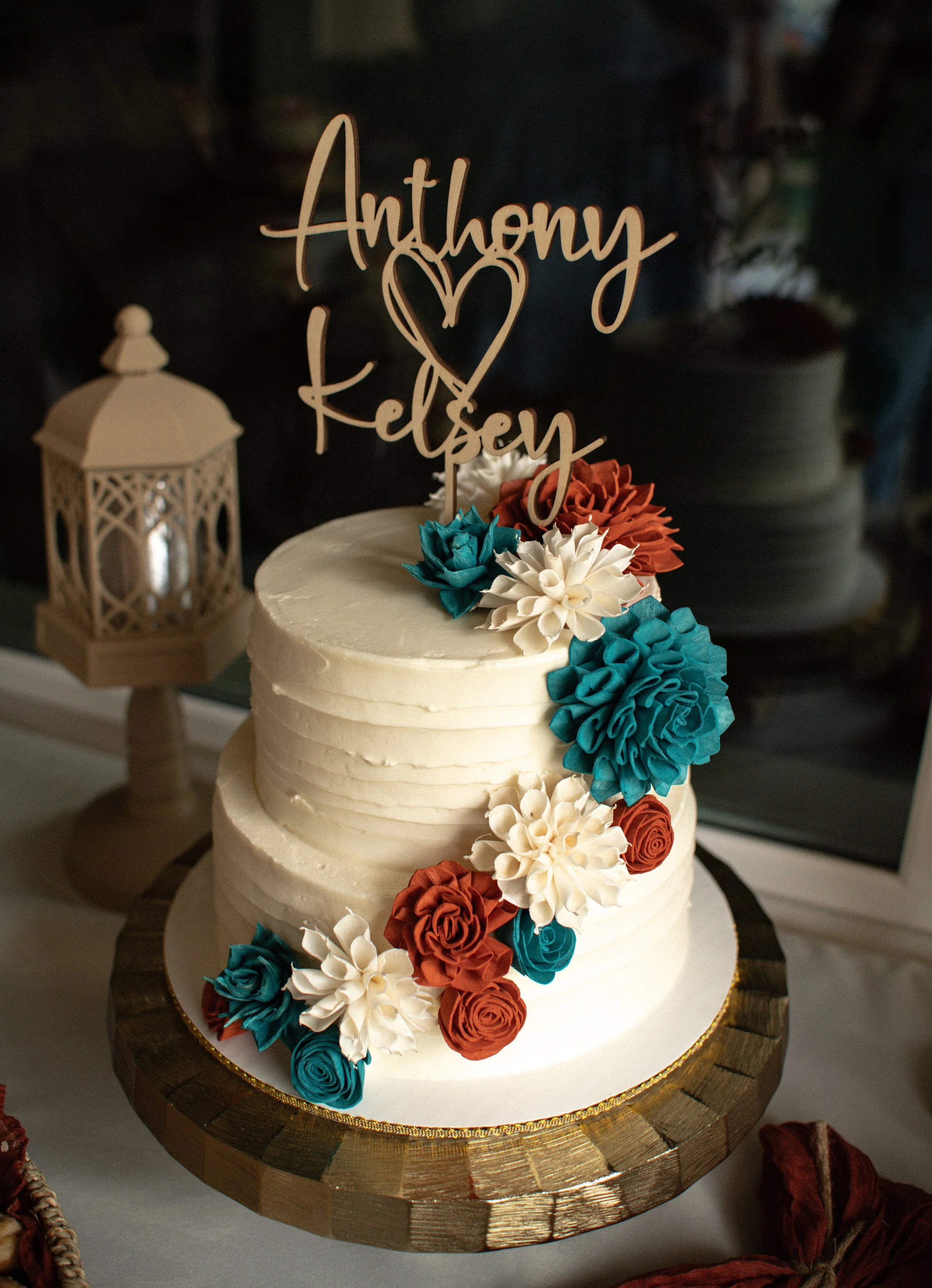 Rustic Wedding Cake with Wooden Flowers