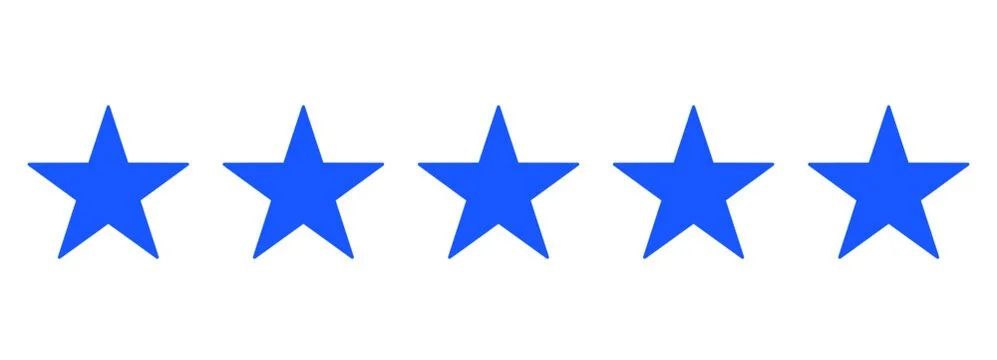 Five blue stars aligned in a row on a white background.