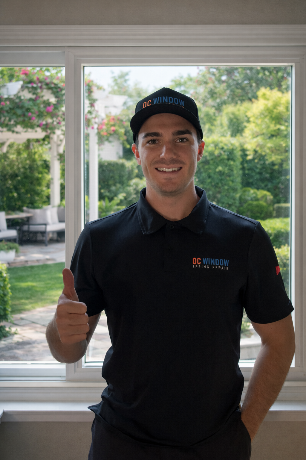 A smiling man in a black OC Window Spring Repair polo shirt and matching cap, giving a thumbs-up, standing inside in front of a large window with a garden view outside.