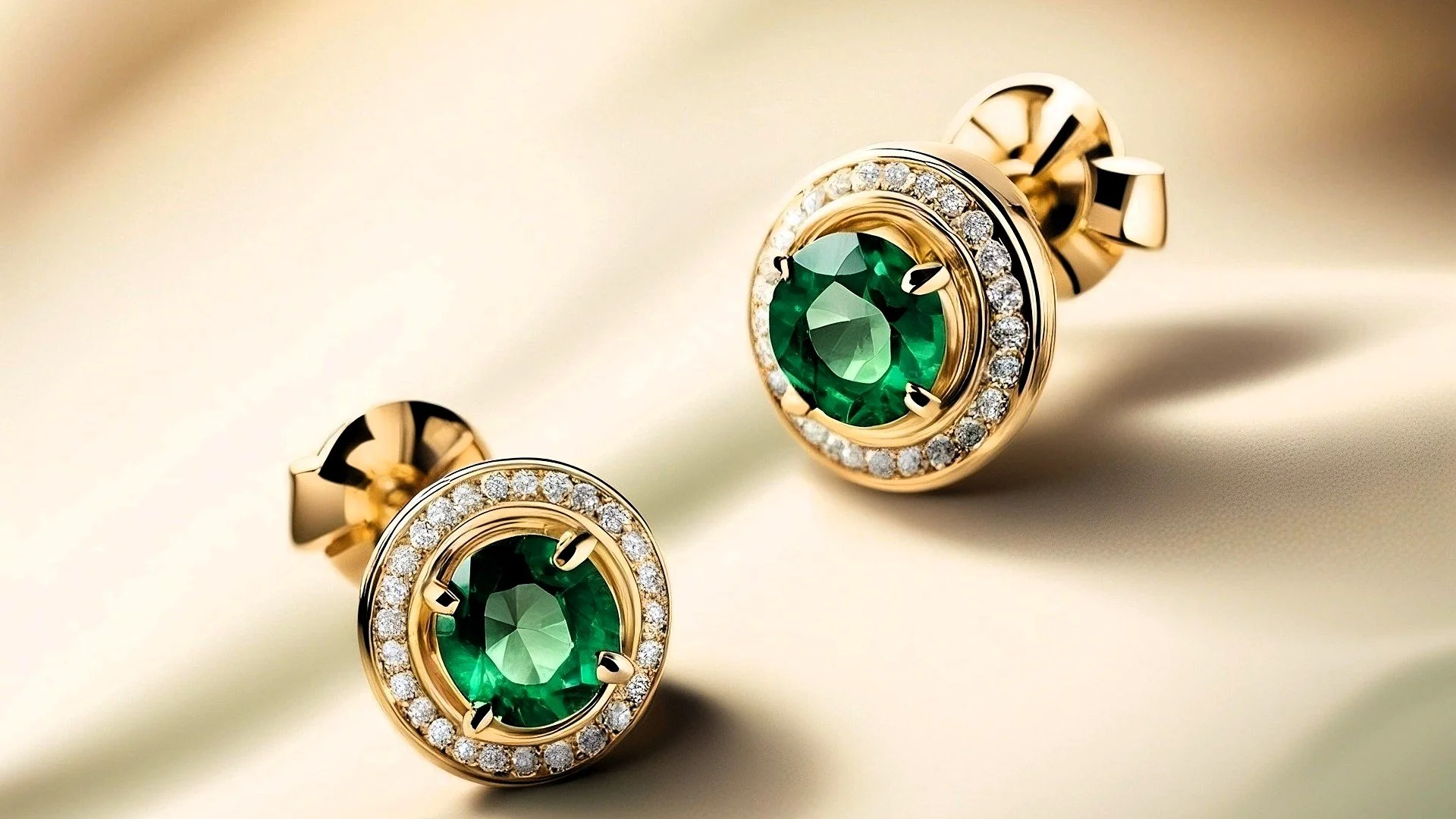 Pair of gold and emerald stud earrings with diamond accents on a satin surface.
