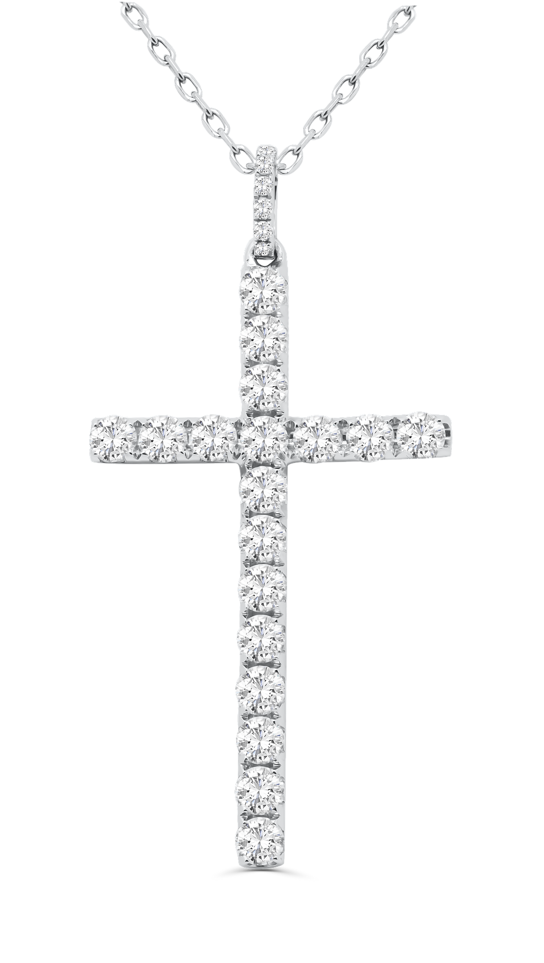 A silver cross pendant necklace decorated with small clear diamonds hanging from a silver chain.