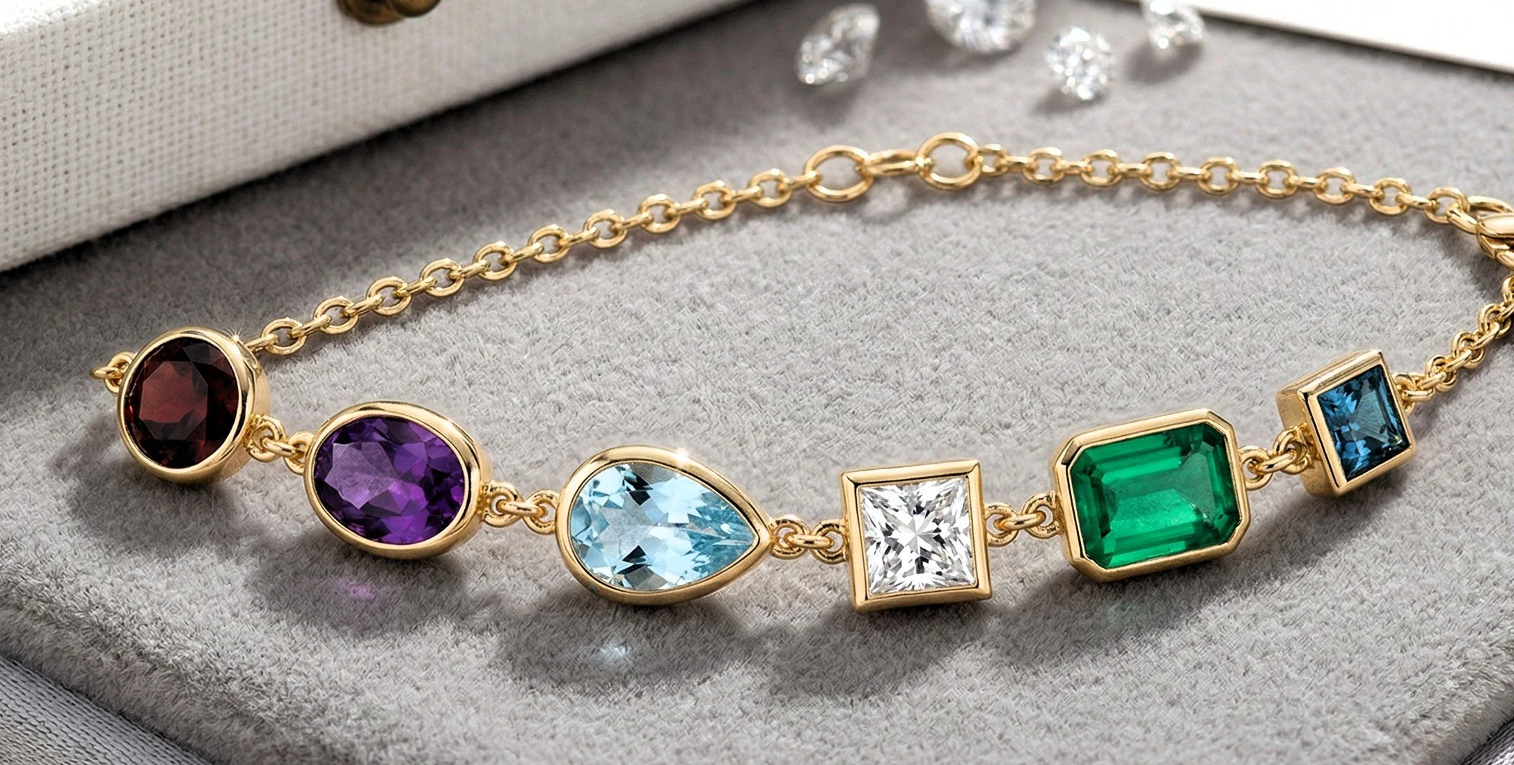 Gold bracelet with multicolored gemstones including red, purple, blue, white, green, and teal stones on a gray fabric background with small clear crystals nearby.