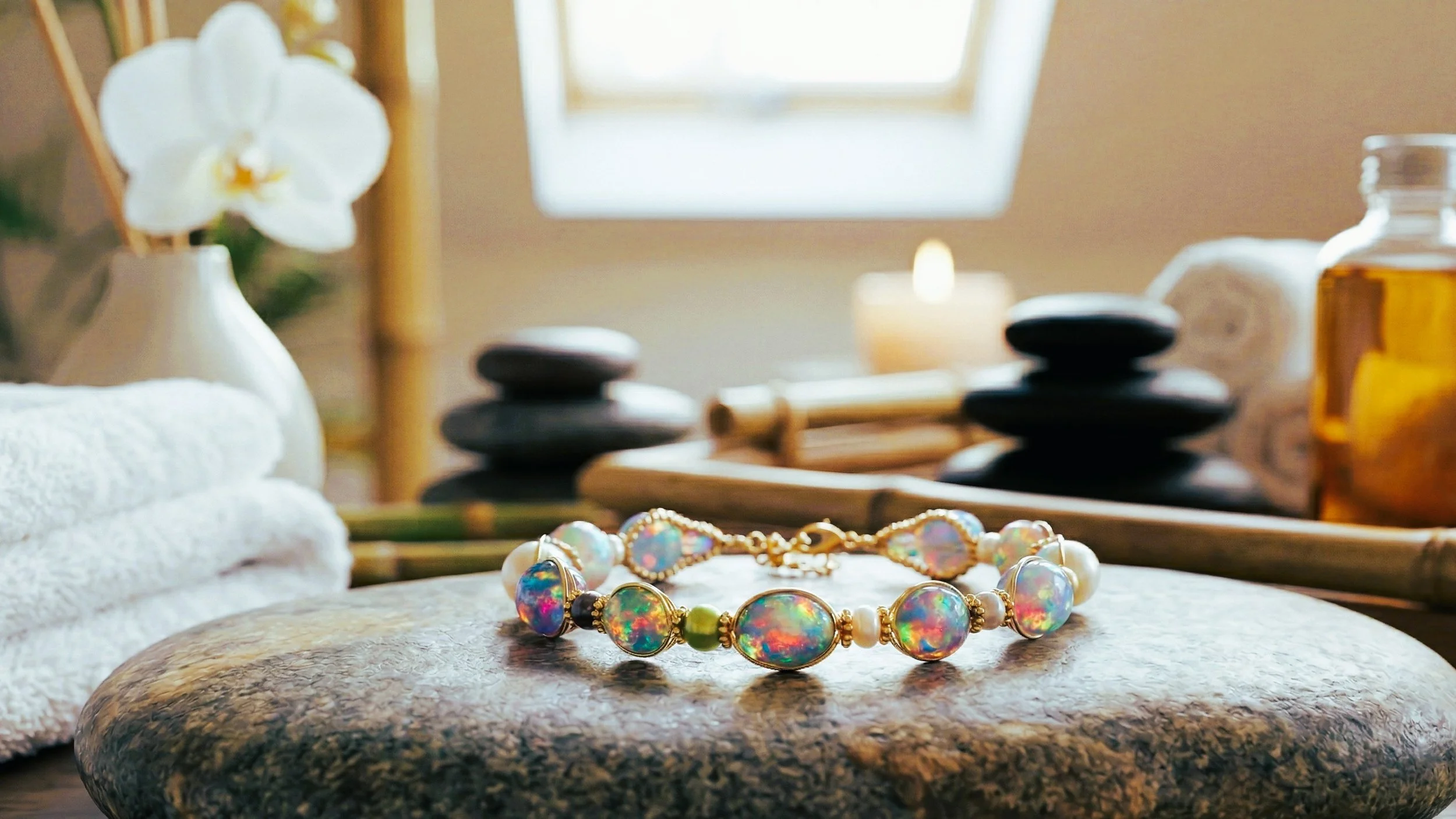A bracelet with multicolored, opalescent beads lies on a stone surface in a spa-like setting with rolled white towels, bamboo sticks, a white orchid in a vase, candles, black stones, and essential oil bottles in the background.
