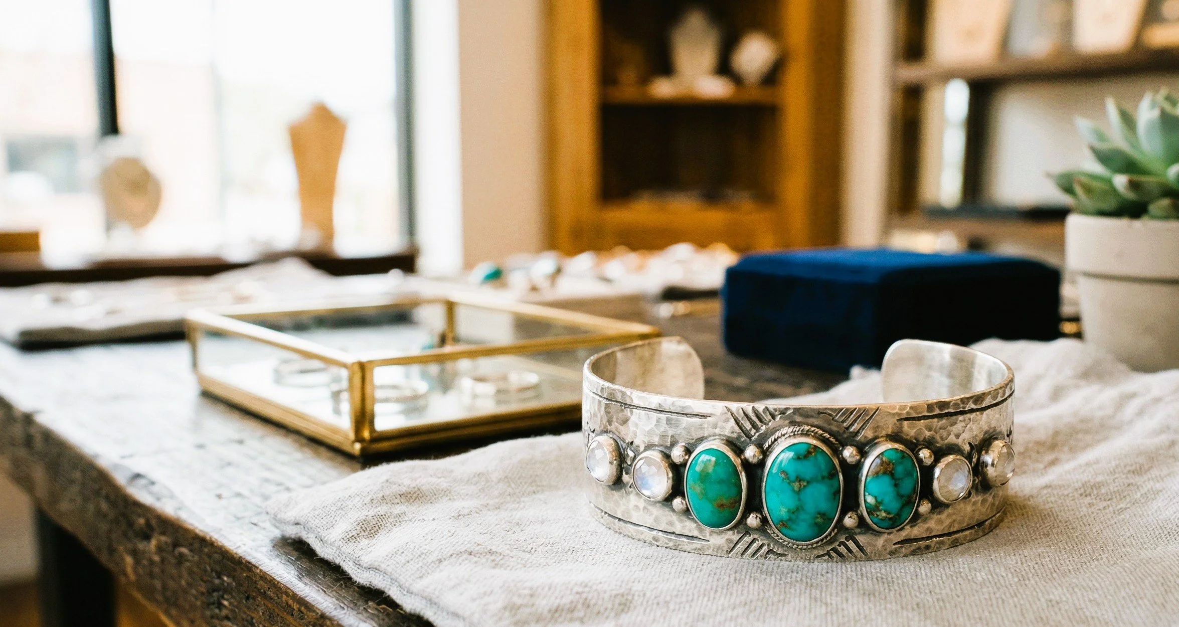 Silver cuff bracelet with turquoise and pearl details resting on a white cloth on a wooden table behind a glass display case.