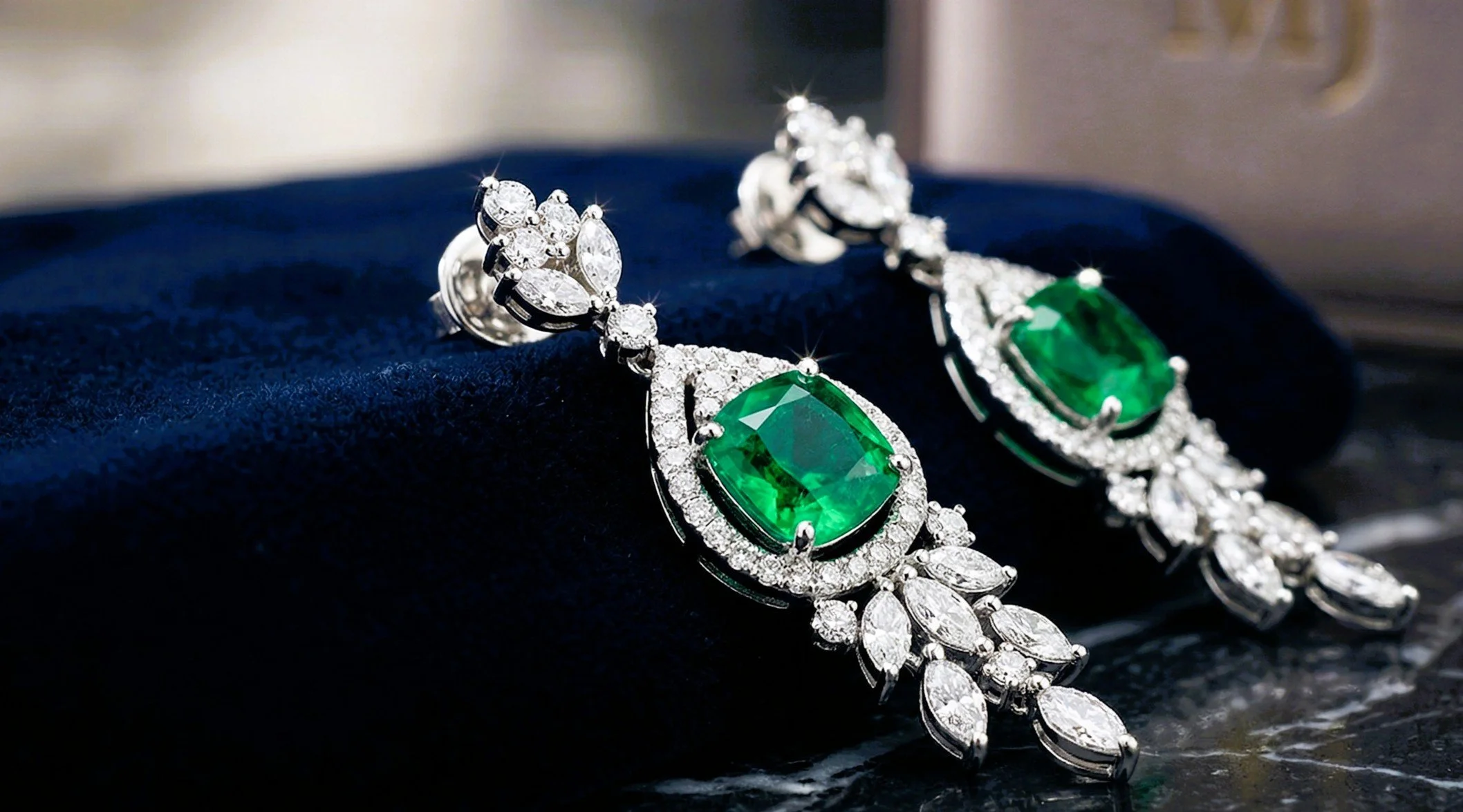 Pair of elegant earrings featuring large green gemstones surrounded by numerous small clear diamonds, resting on dark blue fabric.
