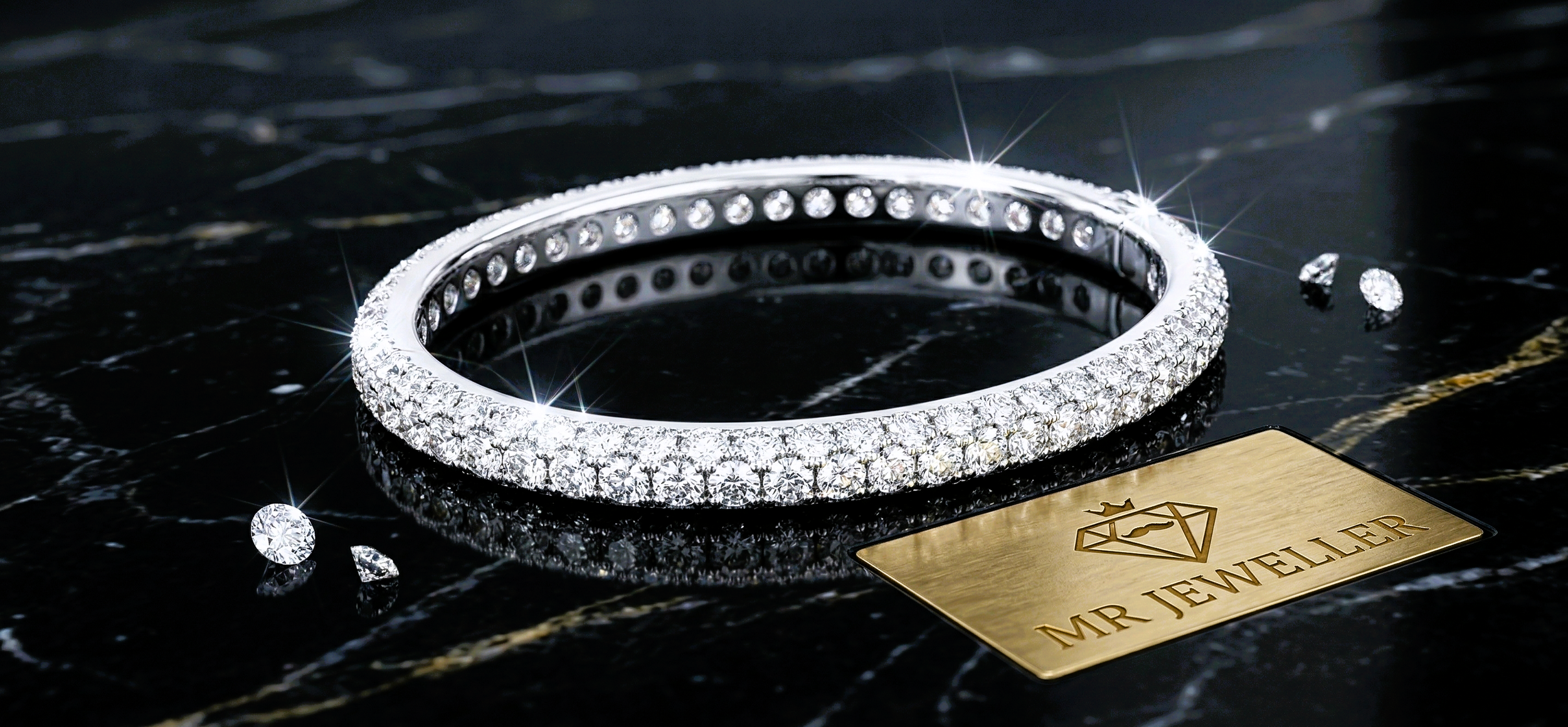 Diamond bracelet and matching earrings on a black marble surface with a "Mr Jeweller" brand card.