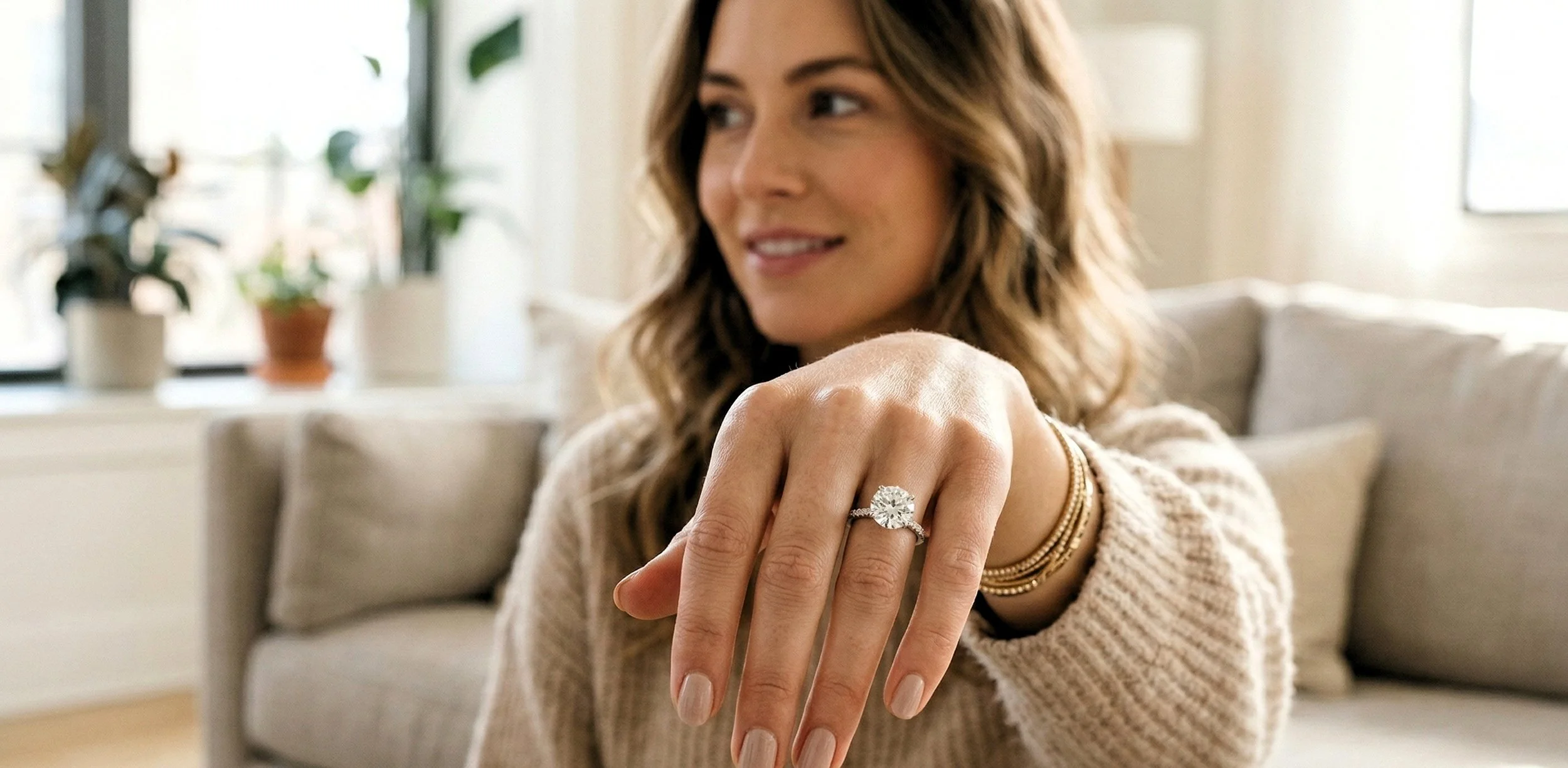 A woman showing a diamond engagement ring on her finger. She is smiling and wearing a beige sweater and gold bracelets, sitting in a well-lit living room with potted plants in the background.