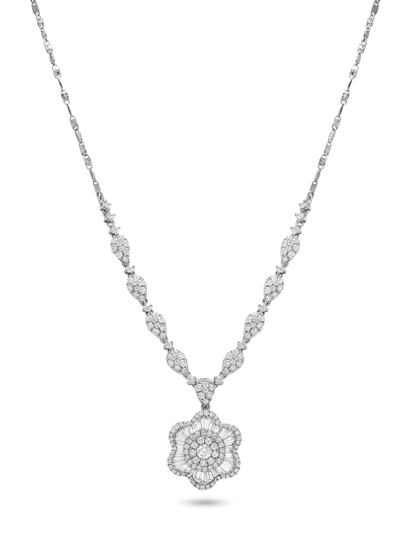 Diamond necklace with a flower-shaped pendant featuring multiple small diamonds on a black background.