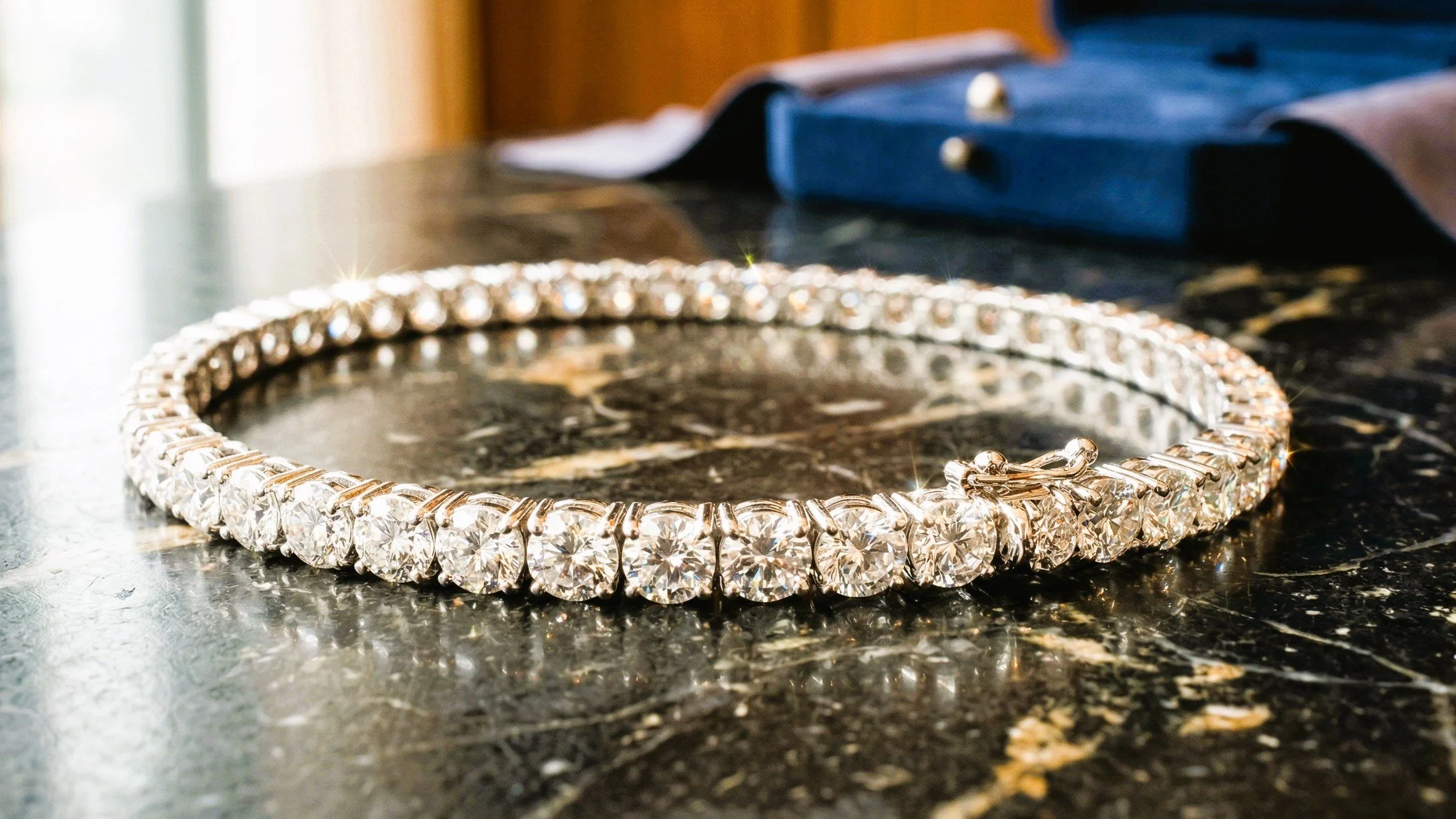 A diamond-studded bracelet with clear gemstones laid on a dark marble surface, with a blurred background that includes a blue object.