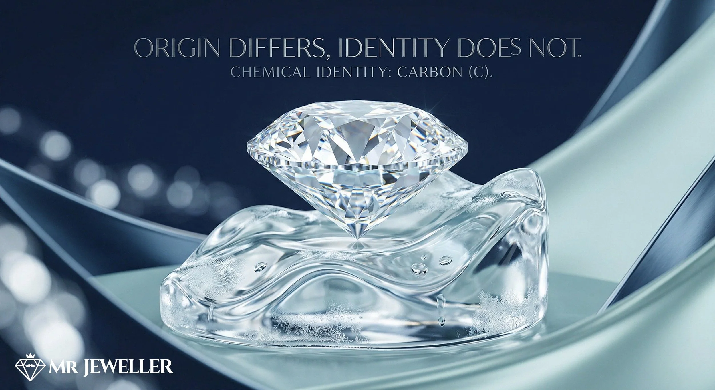 A diamond resting on a icy surface with a dark blue background featuring the text 'Origin differs, identity does not. Chemical identity: carbon (C).' and a logo with a diamond shape and the words 'MR JEWELLER'.