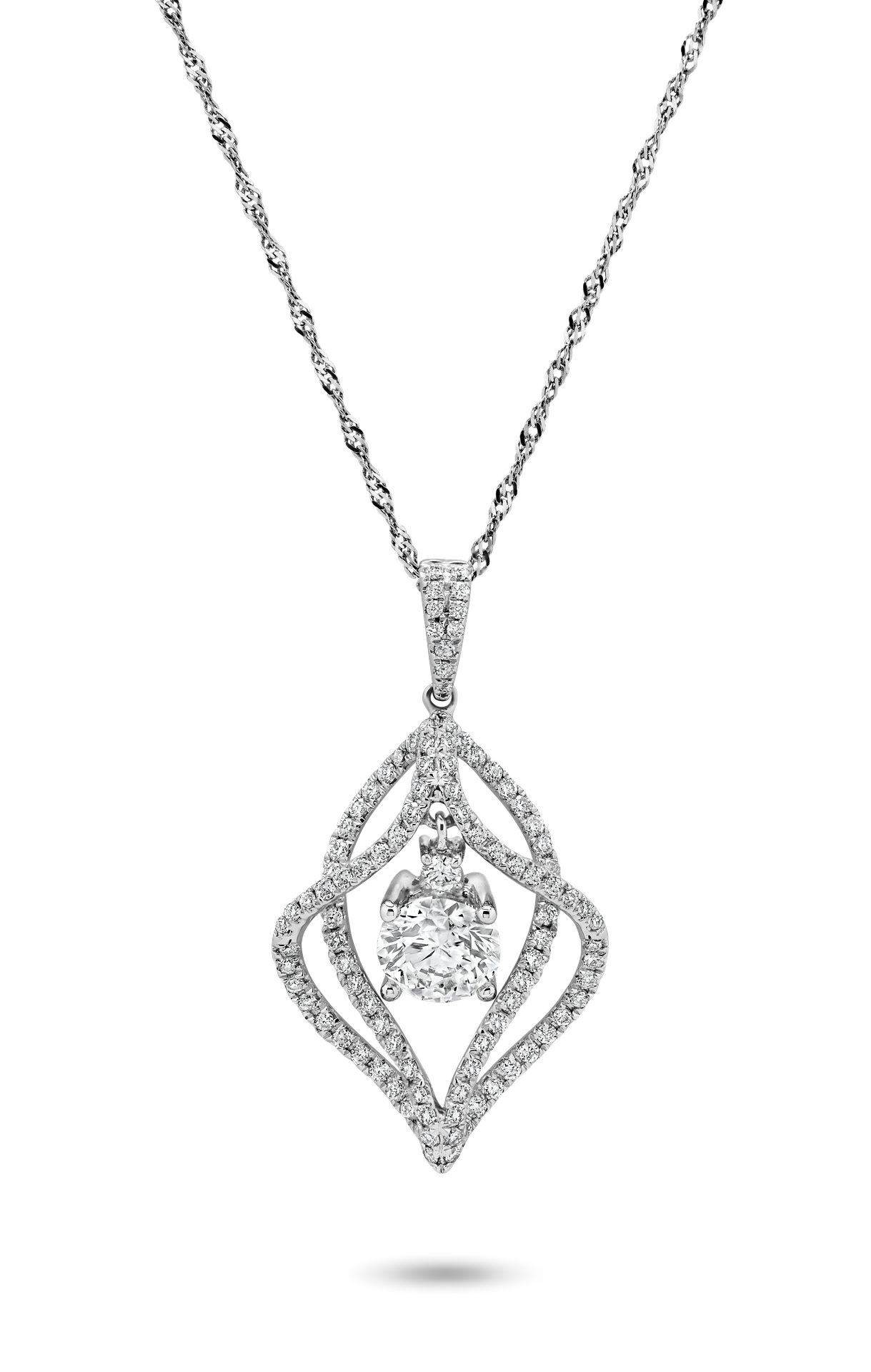 Silver necklace with a geometric-shaped pendant encrusted with diamonds and a central round diamond, displayed against a black background.