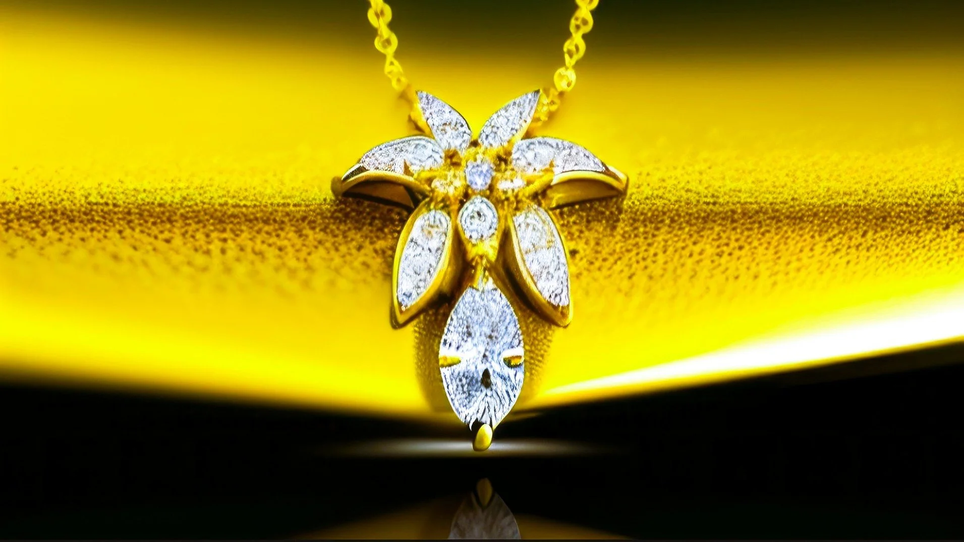 Gold and diamond pendant necklace with a flower and skull design, hanging on a yellow surface with a black border.