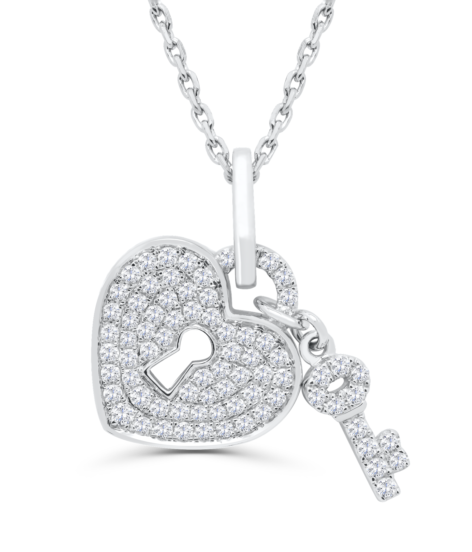 Silver necklace with a heart-shaped lock pendant and a key charm, both decorated with small clear gemstones.