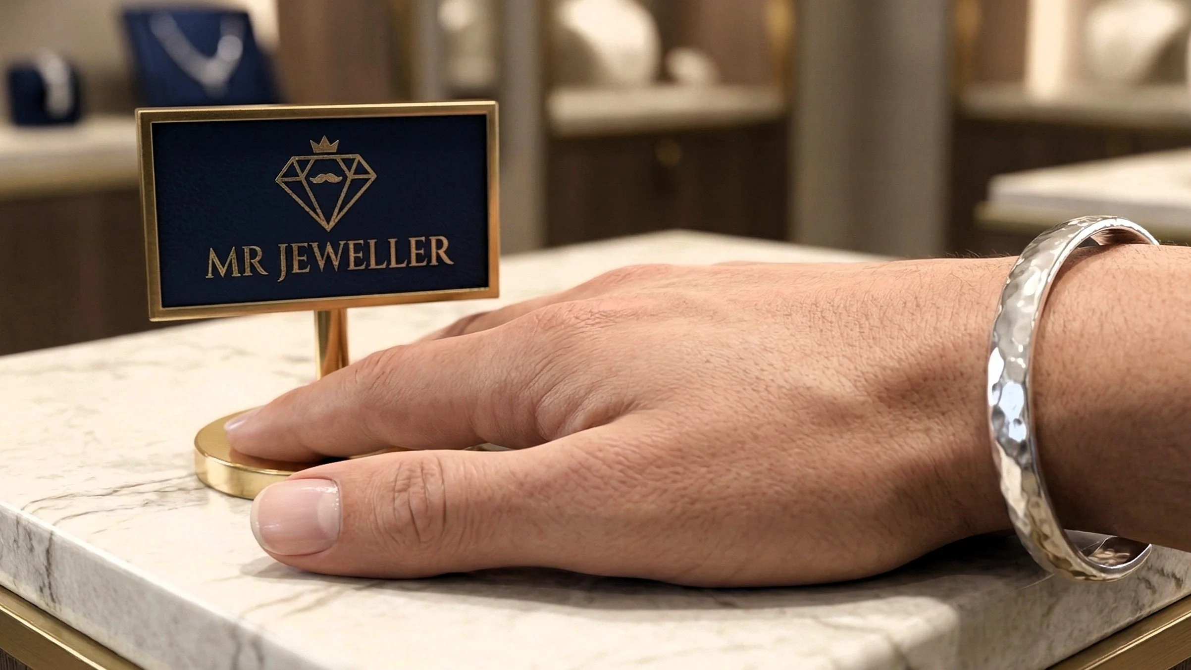 A hand wearing a silver bracelet resting on a marble surface. There is a small sign with a diamond graphic and the words 'MR JEWELLER' on the surface.