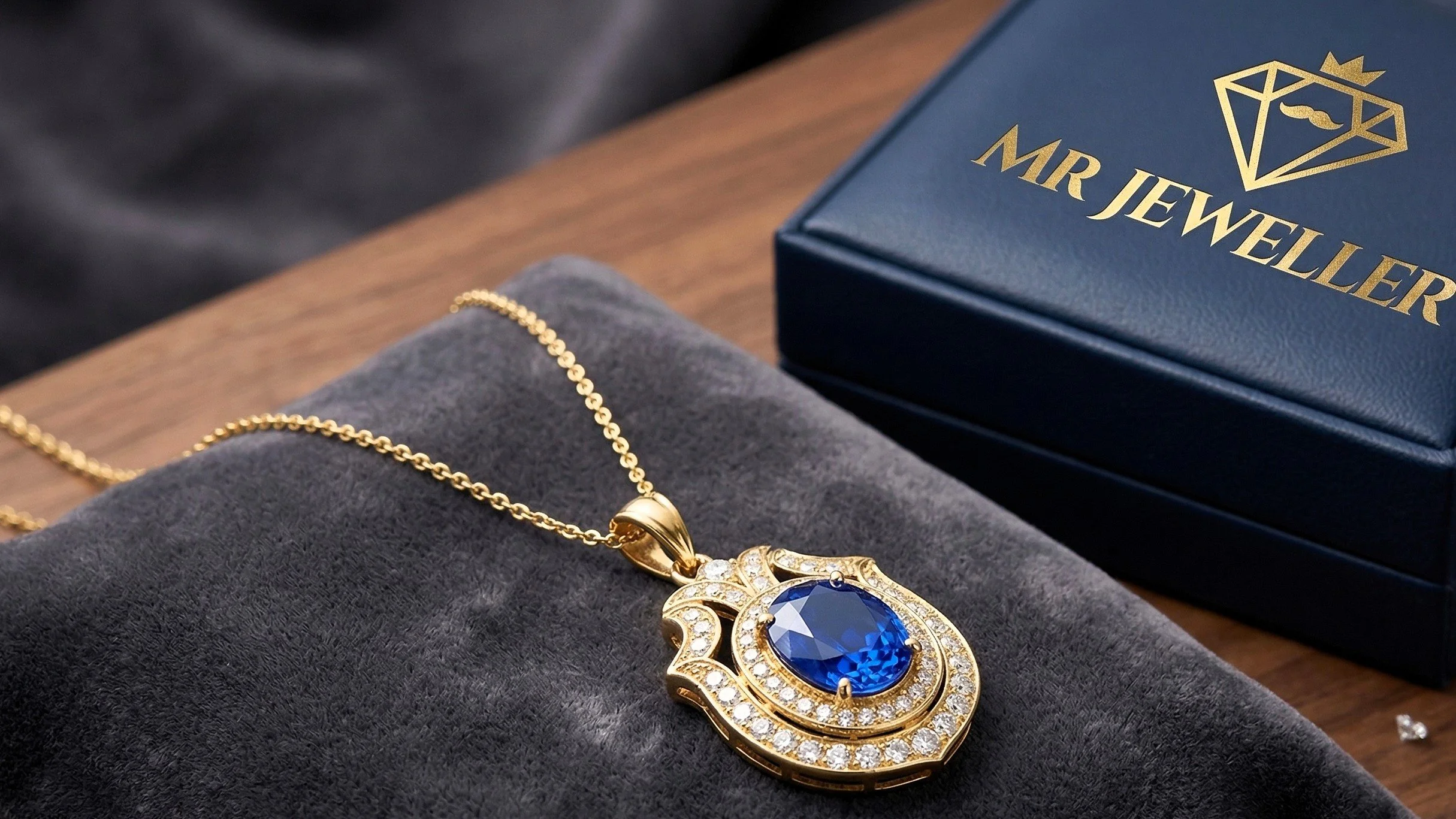 Gold necklace with a large blue gemstone pendant, displayed on a dark gray velvet cushion, with a blue jewelry box labeled 'MR JEWELLER' in gold lettering and logo on a wooden surface.