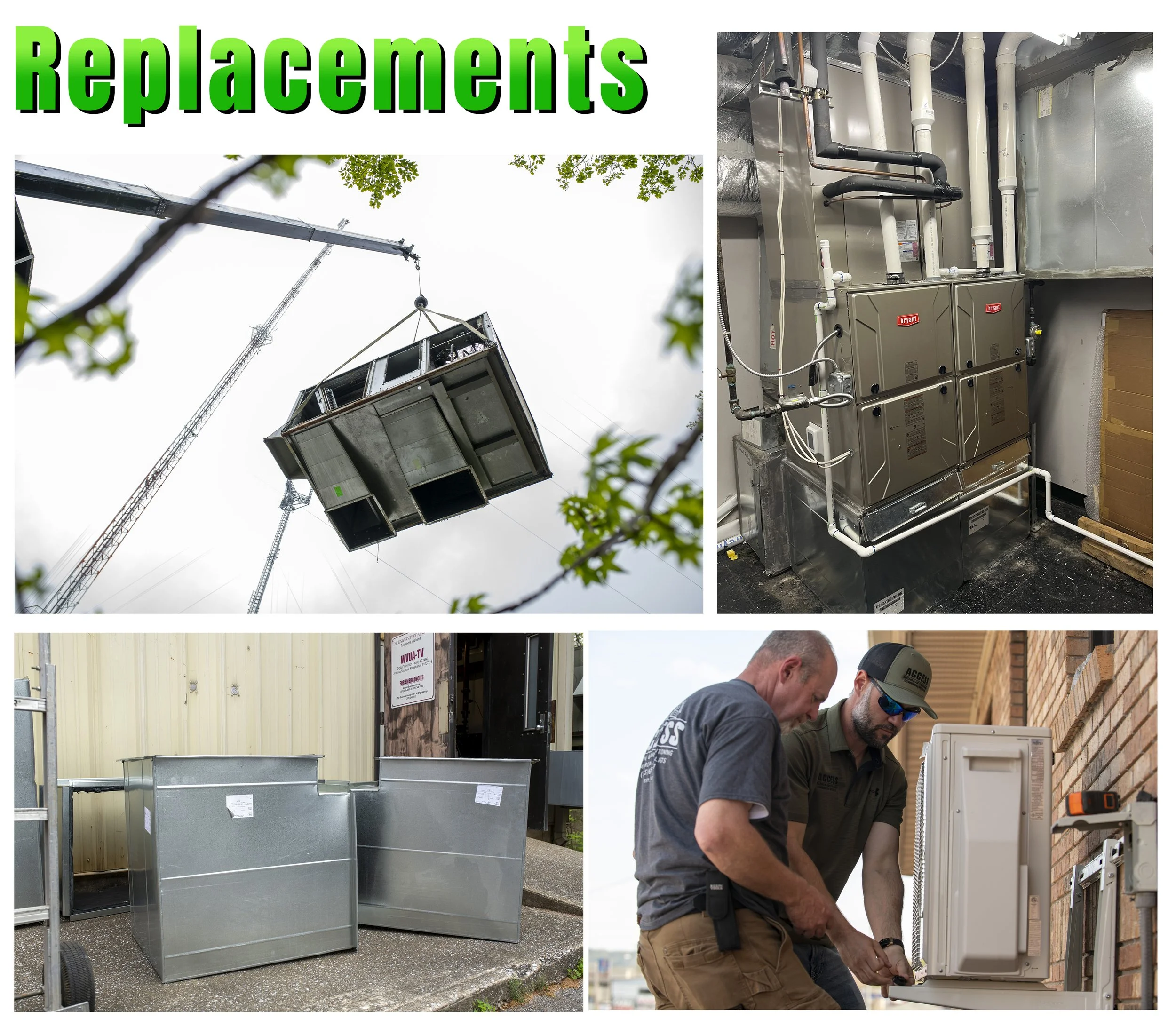 HVAC and electrical replacements: a crane lifting an HVAC unit, an indoor HVAC system, outdoor metal electrical boxes, and two workers installing or repairing an electrical panel. Commercial HVAC services.