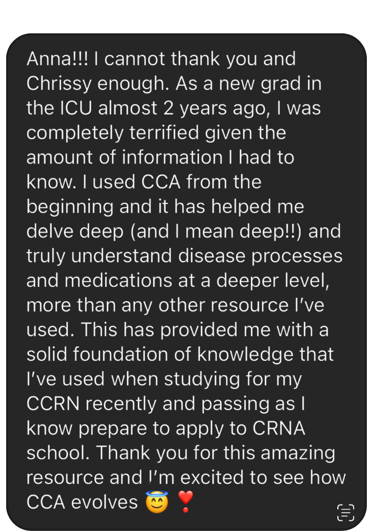 Member testimonial sharing how Confident Care Academy helped them pass the CCRN exam and prepare for CRNA school.
