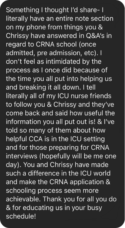 Member testimonial praising Confident Care Academy's CRNA admissions guidance and ongoing mentorship support.