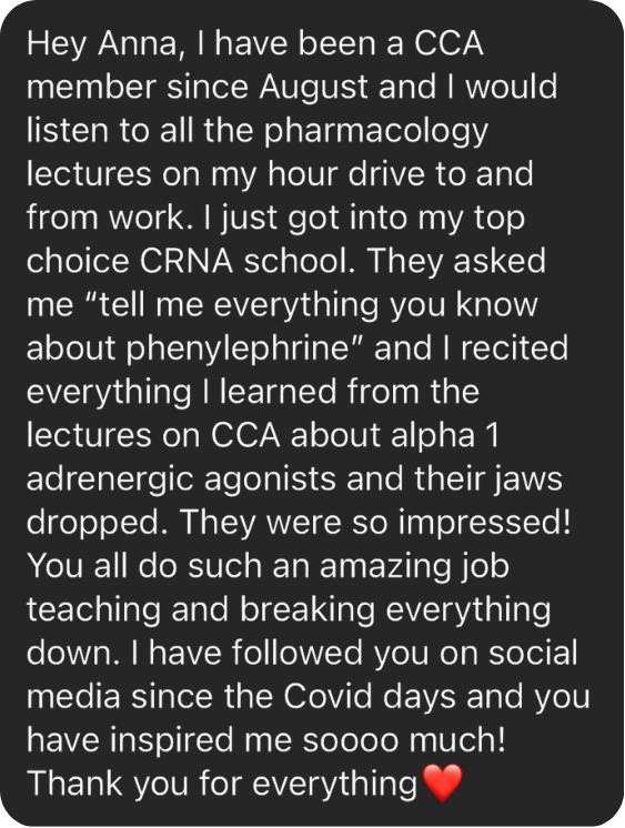 Member testimonial on how Confident Care Academy pharmacology lectures helped them ace a CRNA school interview.
