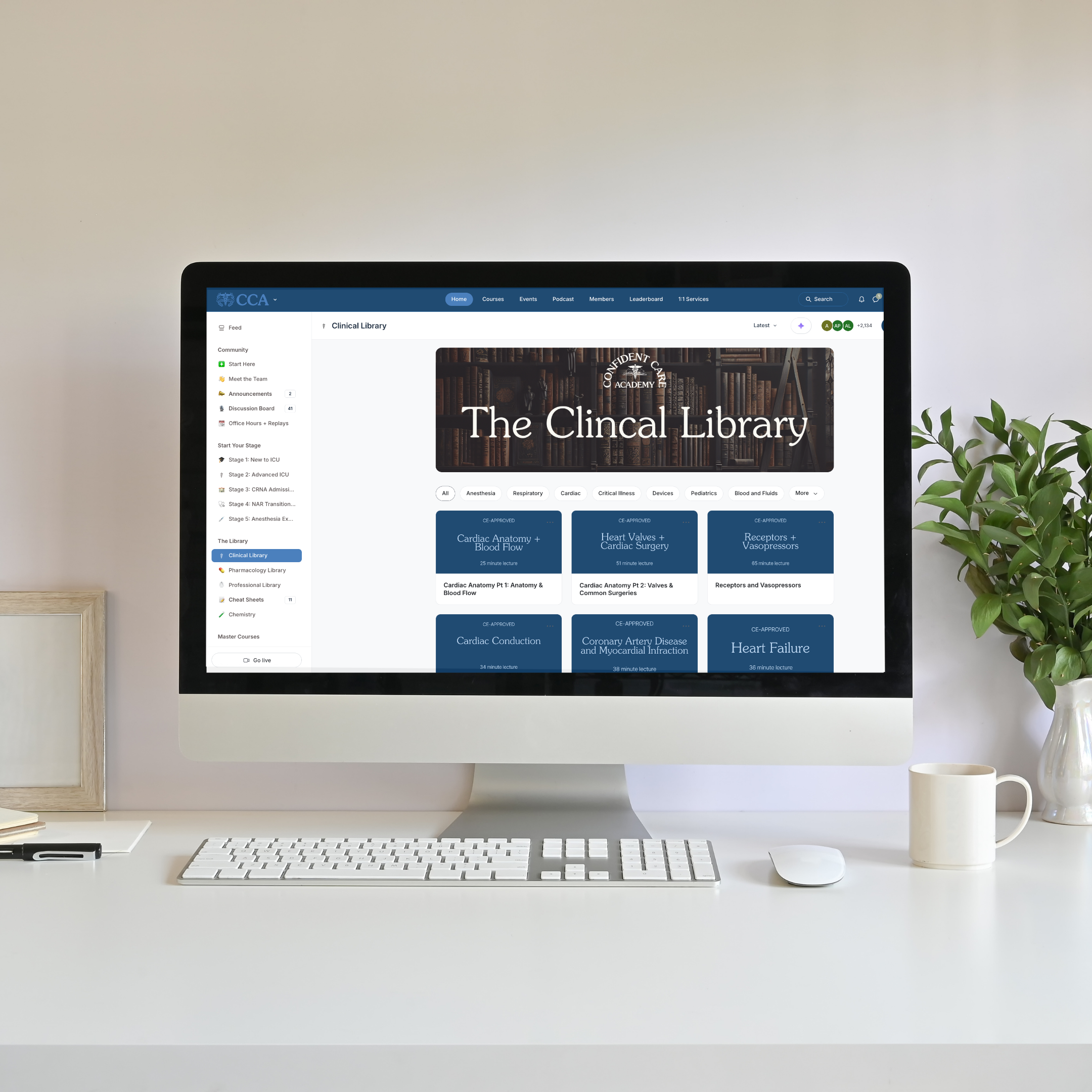 The Confident Care Academy Clinical Library dashboard displays cardiac lectures available to members.